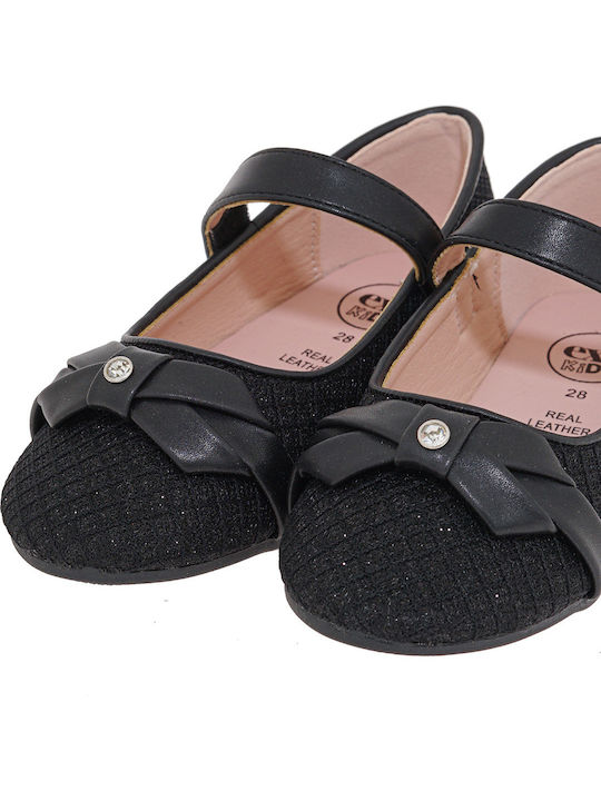 Kids Leather Ballerinas with Hoop & Loop Closure Black