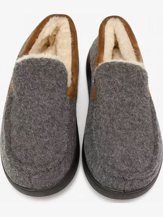 Heel Enclosed Men's Slippers with Fur Gray