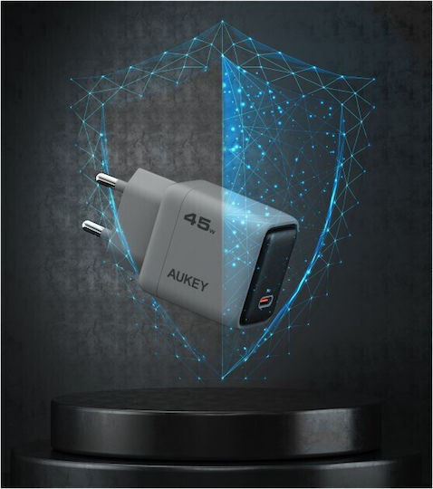 Aukey Charger with Built-in Cable with USB-C Port 45W Power Delivery / Quick Charge 4+ Gray (PA-C2)