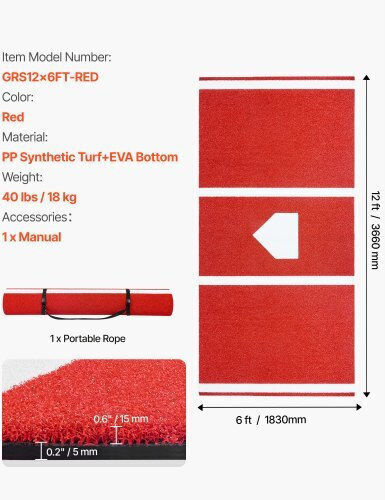 Vevor 366x183cm Baseball Hitting Mat Softball Batting Mat Outdoor Training Red