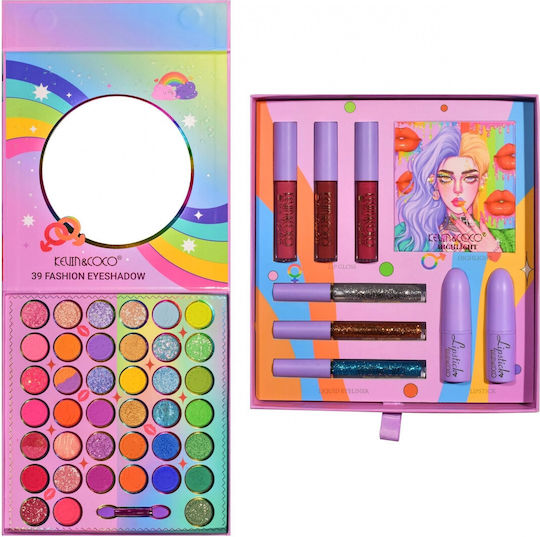 Set Machiaj Kevin Coco 39 Culori Pigmentate Farduri de Ochi Ruj Gloss Eyeliner Blush Curcubeu