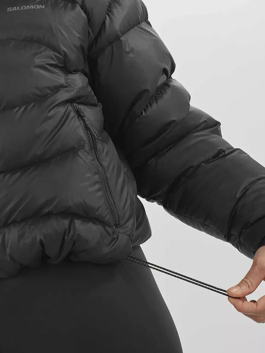 Women's Crop Puffer Jacket Waterproof and Windproof for Winter with Hood Black