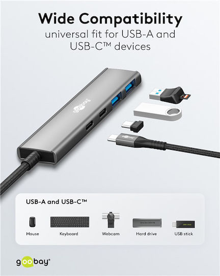 Goobay USB-Hub 4 Anschlüsse USB 3.2 mit Anschluss an einen Computer USB-C / USB-A Graues