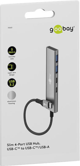 Goobay USB-Hub 4 Anschlüsse USB 3.2 mit Anschluss an einen Computer USB-C / USB-A Graues