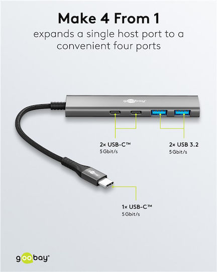 Goobay USB-Hub 4 Anschlüsse USB 3.2 mit Anschluss an einen Computer USB-C / USB-A Graues