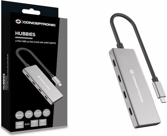 Conceptronic Хъб 4 Порта USB 3.2 с USB-C Връзка Сребрист