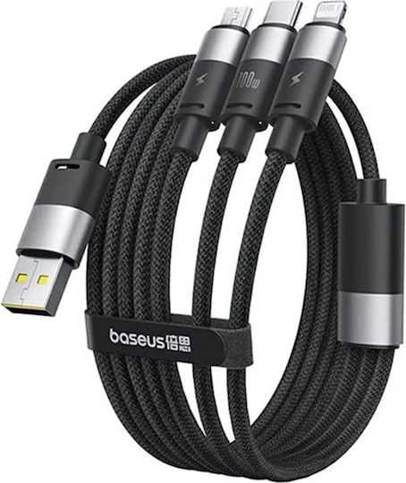 Baseus Cablu USB la Lightning / Type-C / micro USB cu mai multe porturi 5A Negru 1.5m (P10319900111-01)