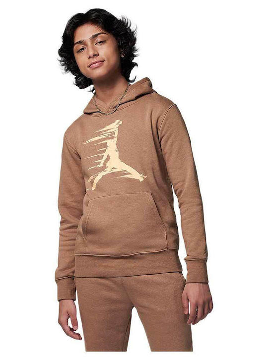 Fleece Παιδικό Φούτερ με Κουκούλα και Τσέπες Καφέ