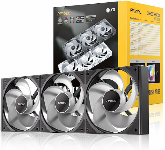 Antec Connect C120R Reverse Blade Case Fan with ARGB Lighting and 3-Pin / 4-Pin PWM Connection 3pcs