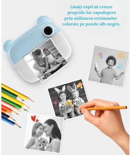 D44QP4YBM Cameră Foto pentru Copii cu Imprimare Termică Zoom Optic 3x Albastră
