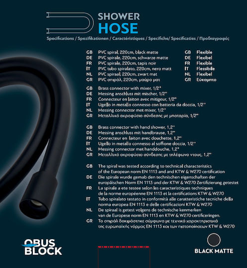 Obus Block Plastic Shower Hose Black 160cm