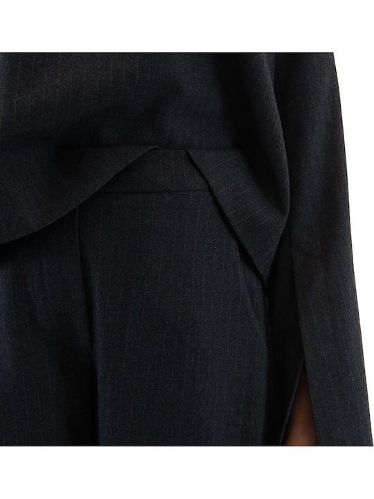 Damen Hoch tailliert Stoff Hose mit Gummizug Gestreift Grey-Brown