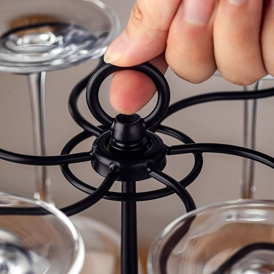 Suport Rotativ Pentru Pahare De Vin Bază Din Lemn Cadru Metalic 6 Pahare Negru Maro