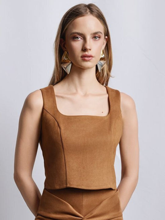 Women's Blouse Sleeveless with Zipper Camel