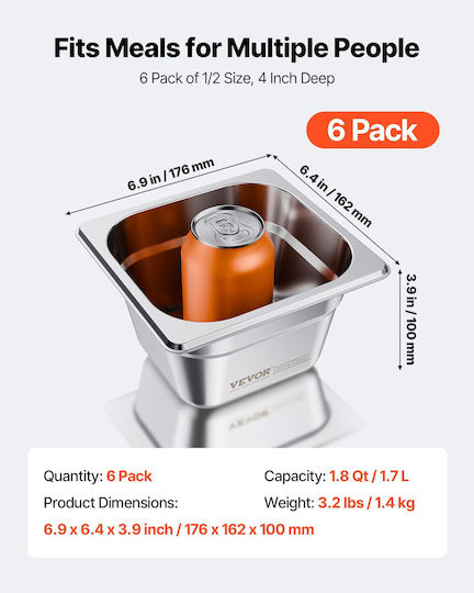 Vevor 1/6 Size Gastronorm Pans Steam Table Pans 4 Inch Deep Stainless Steel 6 Pack