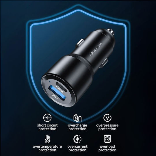Mobile Origin Car Charger 60W 6A with Ports: 1xUSB 1xType-C Black Color