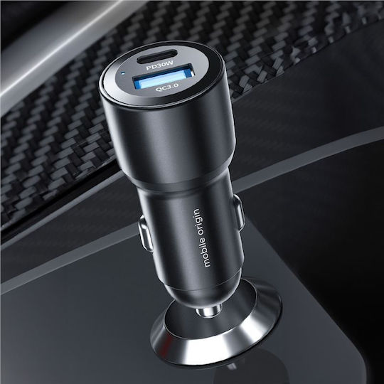 Mobile Origin Car Charger 60W 6A with Ports: 1xUSB 1xType-C Black Color