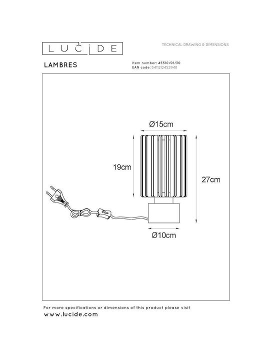 Lucide Lightning Lambres Decorative Lamp with Socket for Bulb E27 Black