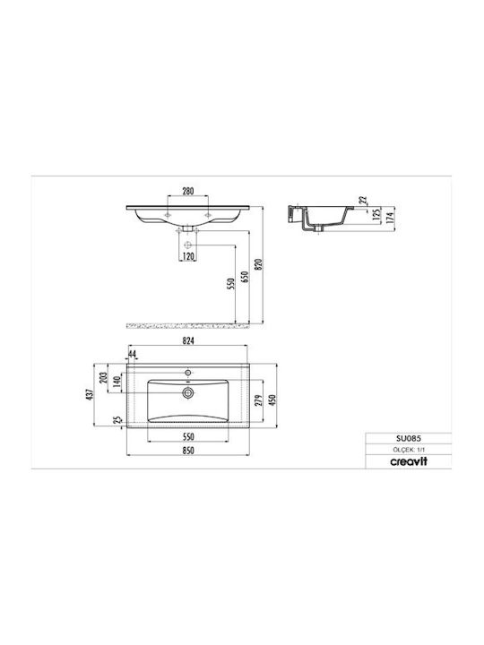 Creavit Slim Ένθετος Νιπτήρας Πορσελάνης 85x45cm Λευκός