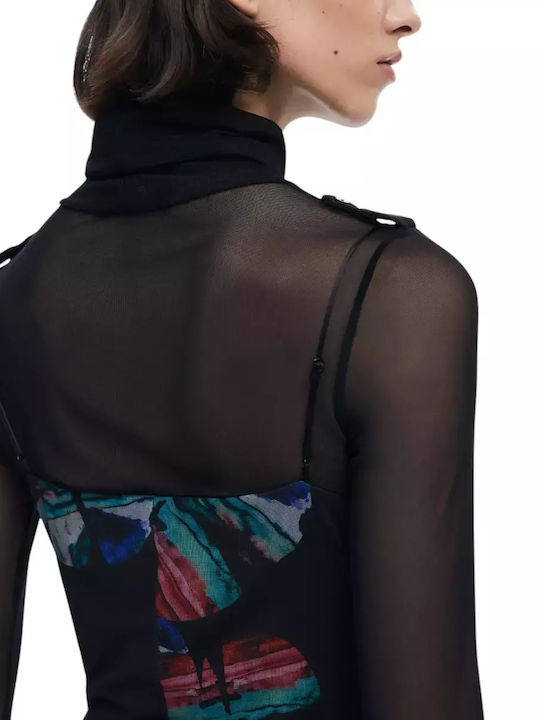 Lacroix Midi Evening Dress with Tulle and Mesh Black
