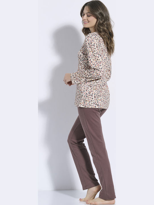 Jeannette Lingerie Winter Women's Pyjama Set Ecru/chocolate