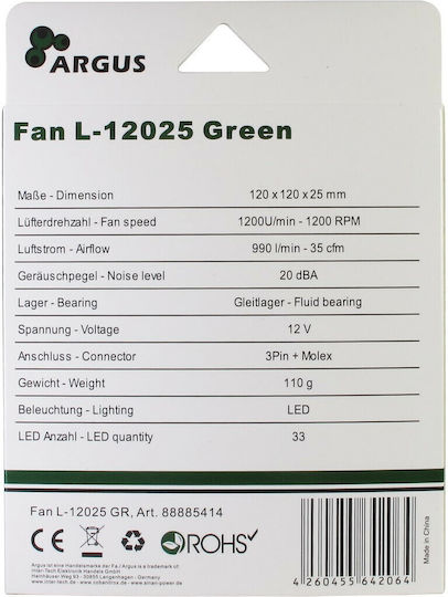Inter-Tech L-12025 Вентилатор за кутия с Зелен осветление и връзка 3-Pin / 4-пинов молекс 1бр Зелен