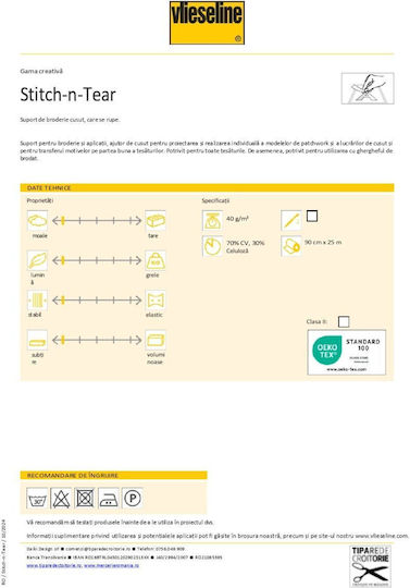 Stabilizator De Broderie Detasabil 100 X 90 Cm 40gr Alb Stich-n-tear Vlieseline