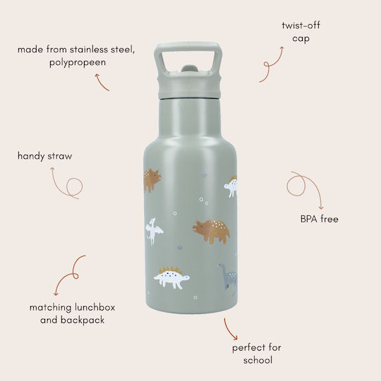 Rostfreier Stahl Kinder Trinkflasche Dinosaurier Thermos mit Stroh Grüne 350ml