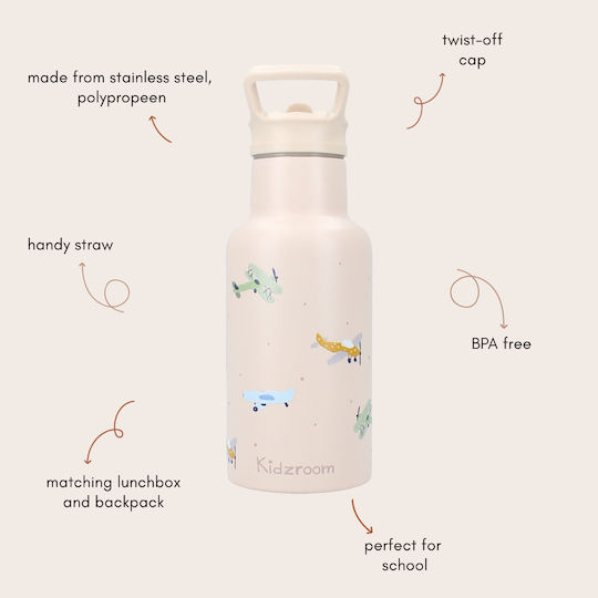Kidzroom Sticlă Pentru Copii Termos Din Oțel Inoxidabil Cu Pai Bej 350ml