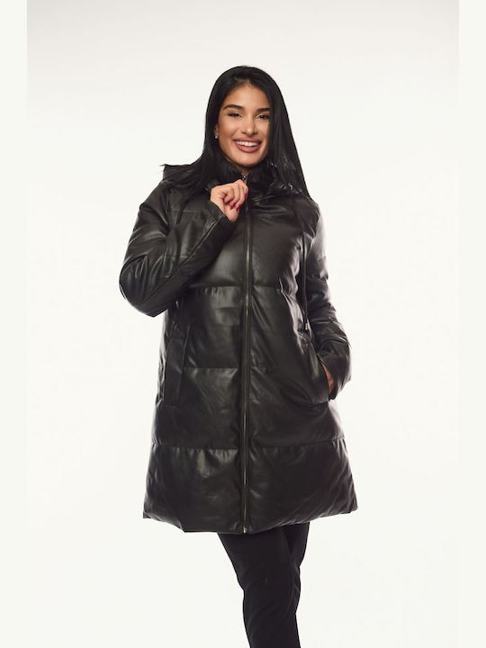 Women's Long Lifestyle Artificial Leather Jacket for Winter with Hood Black