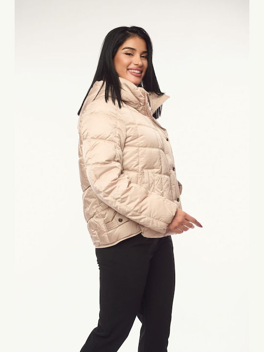Women's Short Lifestyle Jacket for Winter with Hood Beige