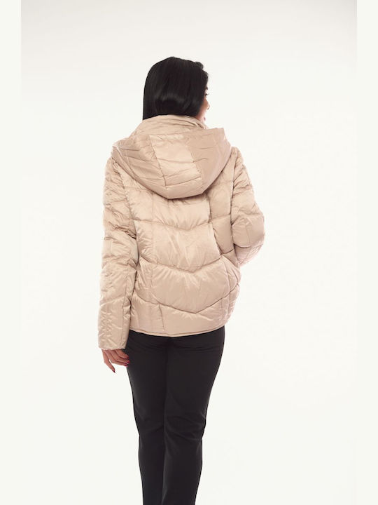 Women's Short Lifestyle Jacket for Winter with Hood Beige