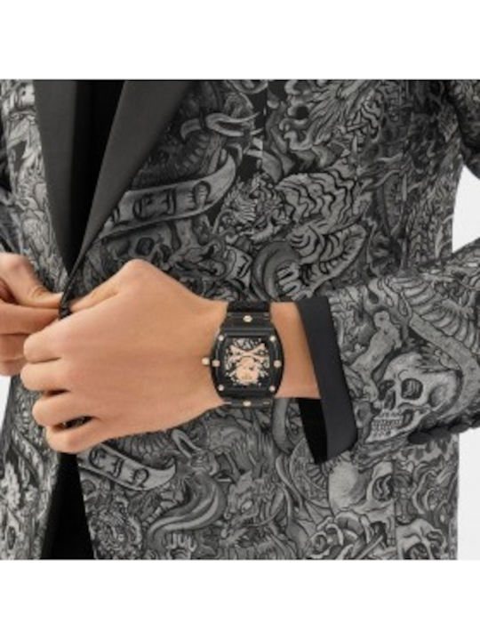 Philipp Plein Skeleton Ceas Barbatesc Automat cu Curea din Cauciuc Negru