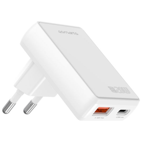 4Smarts Φορτιστής Χωρίς Καλώδιο GaN με Θύρα USB-A και Θύρα USB-C 20W Power Delivery Λευκός (FlatPlug Duos)