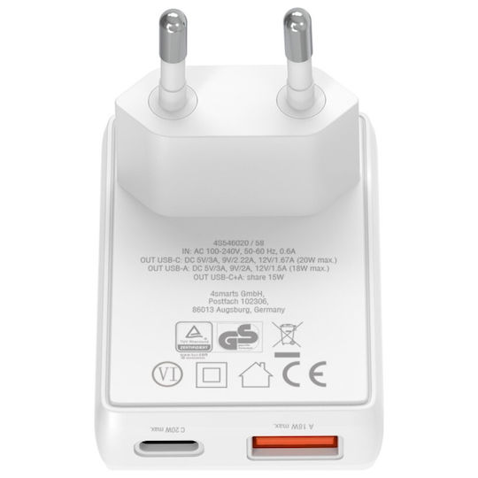 4Smarts Φορτιστής Χωρίς Καλώδιο GaN με Θύρα USB-A και Θύρα USB-C 20W Power Delivery Λευκός (FlatPlug Duos)