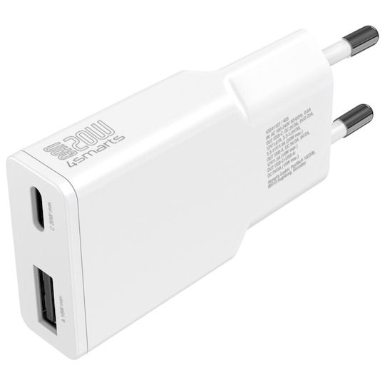 4Smarts Φορτιστής GaN με Θύρα USB-A και Θύρα USB-C και Καλώδιο USB-C - USB-C 20W Power Delivery Λευκός (Slim Duos)