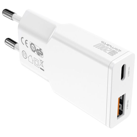 4Smarts Φορτιστής GaN με Θύρα USB-A και Θύρα USB-C και Καλώδιο USB-C - USB-C 20W Power Delivery Λευκός (Slim Duos)