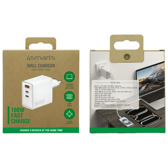 4Smarts Ladegerät ohne Kabel GaN mit USB-A Anschluss und 2 USB-C Anschlüsse 100W Stromlieferung Weißs (Pocket)