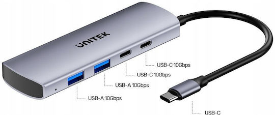 Unitek USB-Hub 4 Anschlüsse USB 3.0 mit USB-C Anschluss Silber
