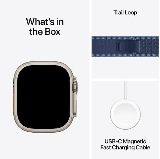Apple Watch Ultra 3 Титан 49мм Водоустойчив с eSIM и Пулсомер (Natural Titanium Case with Blue/Bright Blue Trail Loop - M/L)