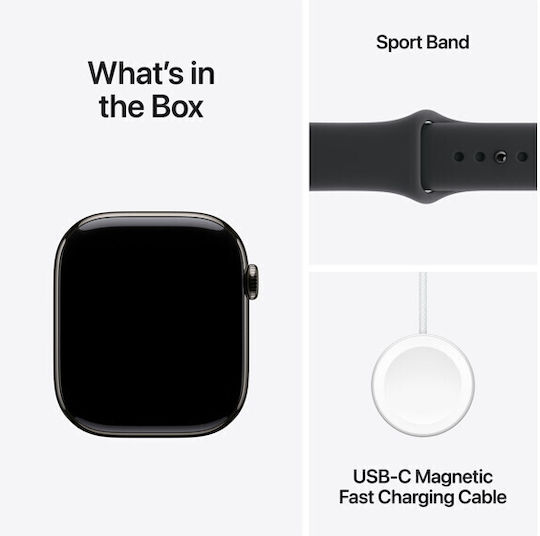 Apple Watch Series 11 Cellular Titanium 42mm Αδιάβροχο με eSIM και Παλμογράφο (Slate Titanium Case with Black Sport Band - M/L)