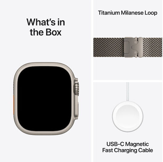 Apple Watch Ultra 3 Titanium 49mm Waterproof with eSIM and Heart Rate Monitor (Natural Titanium Case with Natural Titanium Milanese Loop - Large)