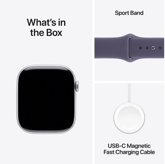 Apple Watch Series 11 Aluminium 46mm Wasserdicht mit eSIM und Pulsmesser (Silver Aluminium Case with Purple Fog Sport Band - S/M)