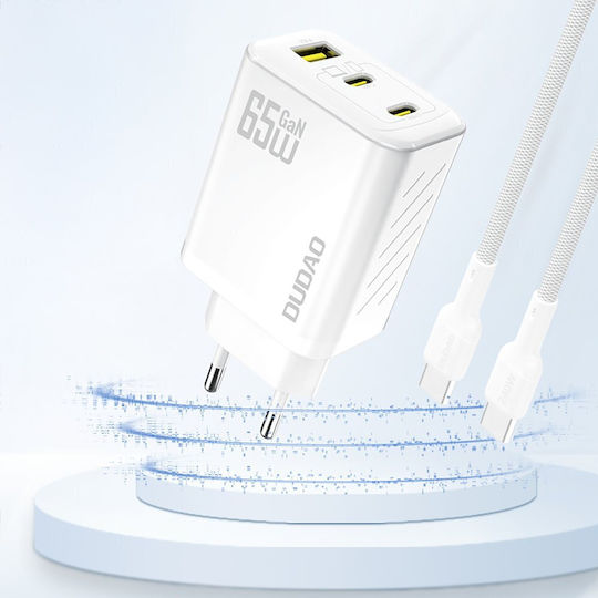 Dudao Φορτιστής Χωρίς Καλώδιο GaN με Θύρα USB-A και 2 Θύρες USB-C 65W Power Delivery Λευκός (A29)