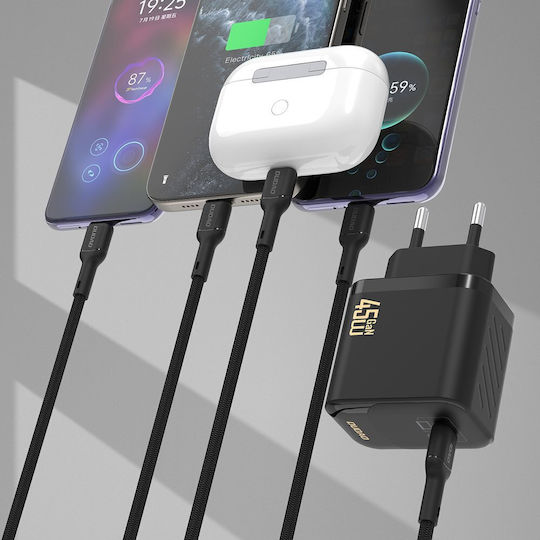 Dudao Φορτιστής GaN με Θύρα USB-C και Καλώδιο USB-C - USB-C 45W Power Delivery Μαύρος (A28C)