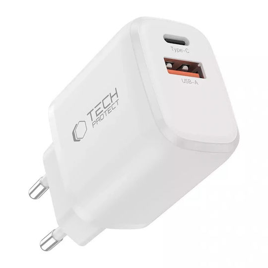 Tech-Protect с USB-A порт и USB-C порт и кабел USB-C - USB-C 30W Power Delivery / Quick Charge 3.0 Бял (NCA30)