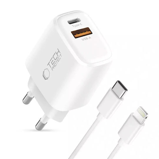 Tech-Protect Ladegerät mit USB-A Anschluss und USB-C Anschluss und Kabel USB-C - Lightning 30W Stromlieferung / Schnellaufladung 3.0 Weißs (NCA30)