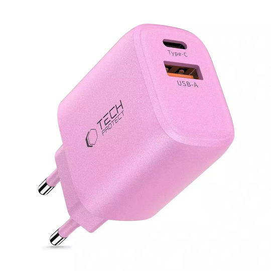 Tech-Protect Зарядно без кабел с USB-A порт и USB-C порт 30W Power Delivery / Quick Charge 3.0 Розов (NCA30)