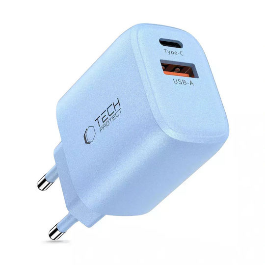 Tech-Protect Ladegerät ohne Kabel mit USB-A Anschluss und USB-C Anschluss 20W Stromlieferung / Schnellaufladung 3.0 Blau (NCA20)