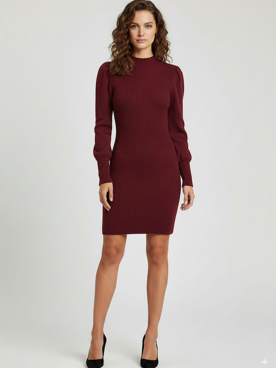 Rochie Mini Tricotată Cu Guler Înalt Burgundy
